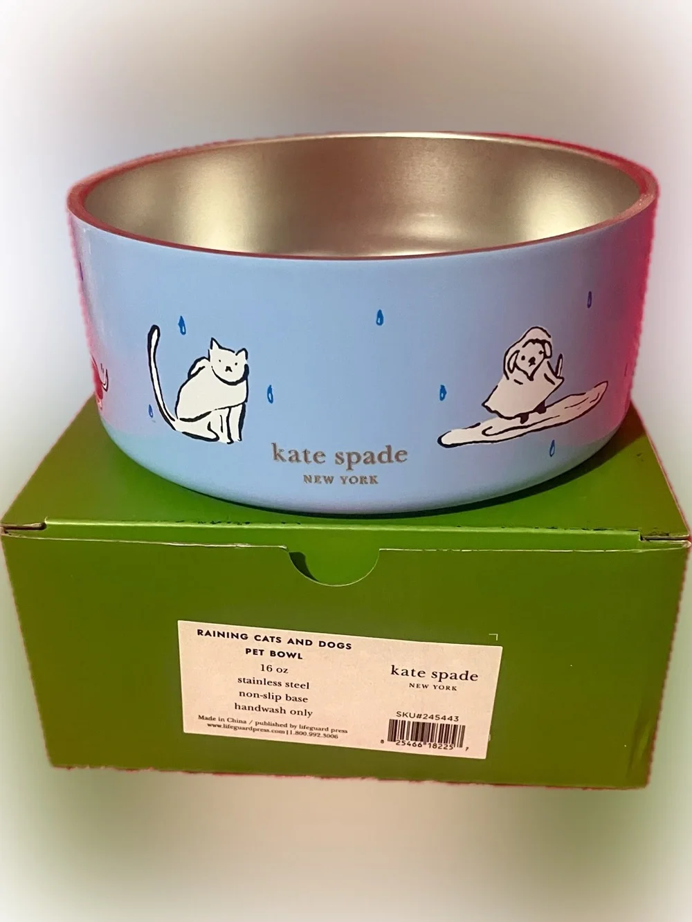 kate spade Blue and Gold Raining Cats & Dogs Pet Bowl